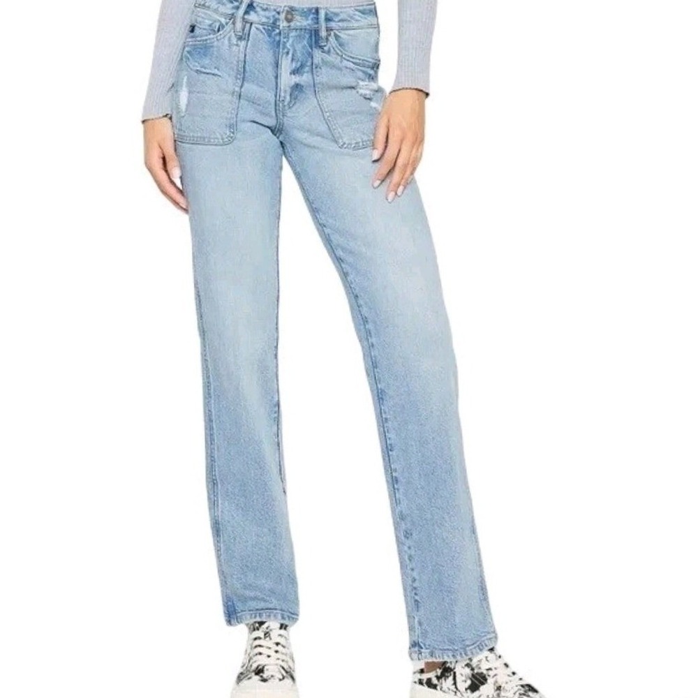 KanCan Mid Rise Straight Leg Jeans Womens 27 Light Wash Distressed Soft Denim